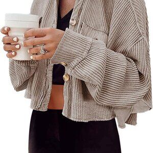 Women's Cropped Waffle Knit Shacket Short Button Down Jacket Batwing Sleeve Shir